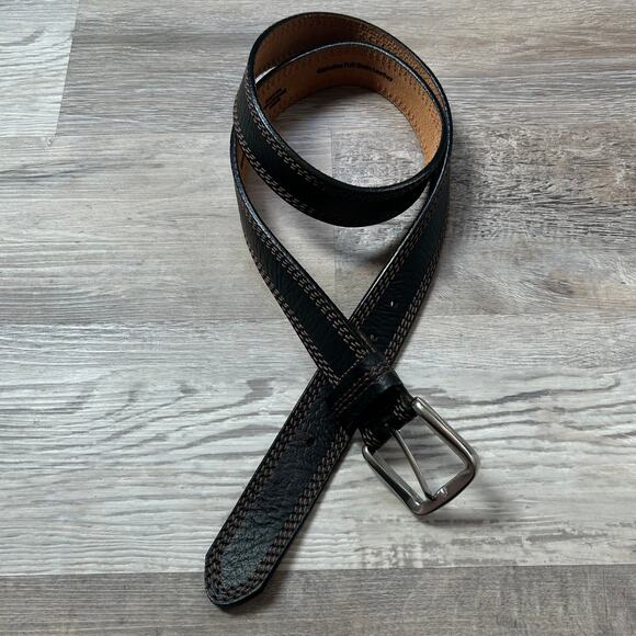 L.L. Bean Full Grain Leather Belt Black Brown Stitch 42 Made in USA Rugged - Picture 1 of 8
